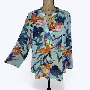 Chicos Watercolor Floral Blouse Size 2 US L Blue Sheer Roll Tab Tropical Resort